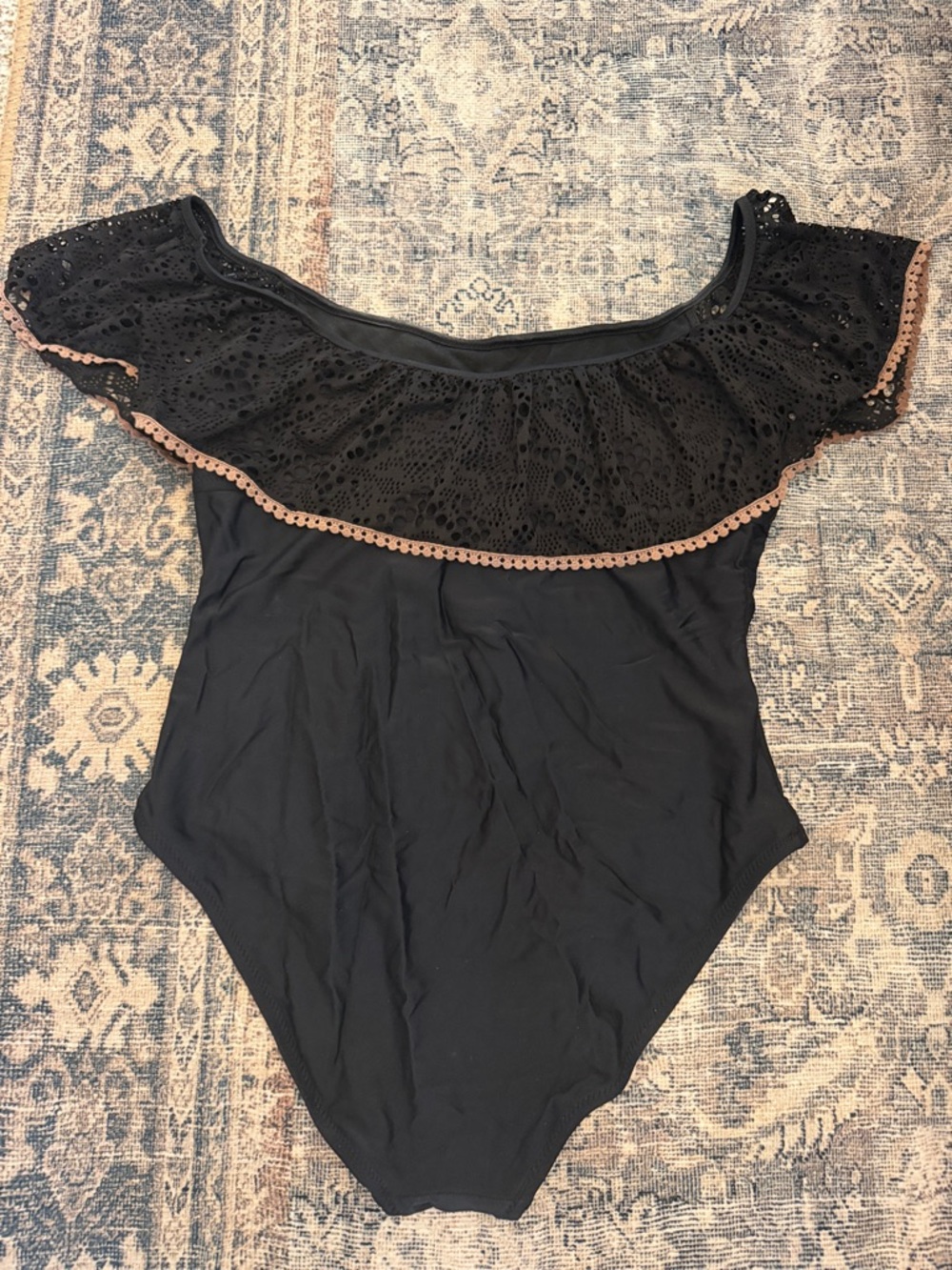 Black Off-Shoulder Lace Ruffle Swimsuit